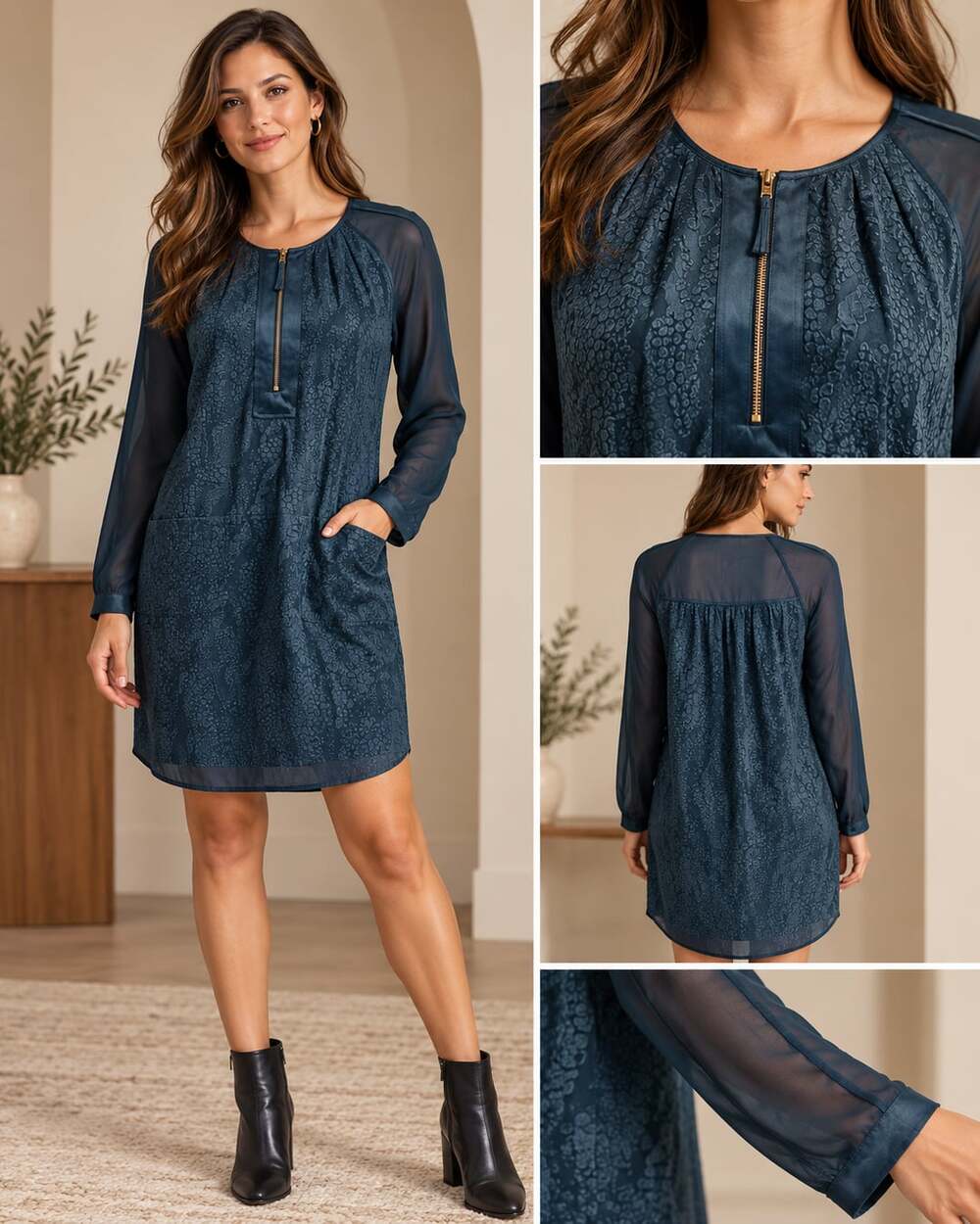 Rebecca Taylor Gail Silk Dress Size 4 Blue Jacquard Long Sleeve Chiffon